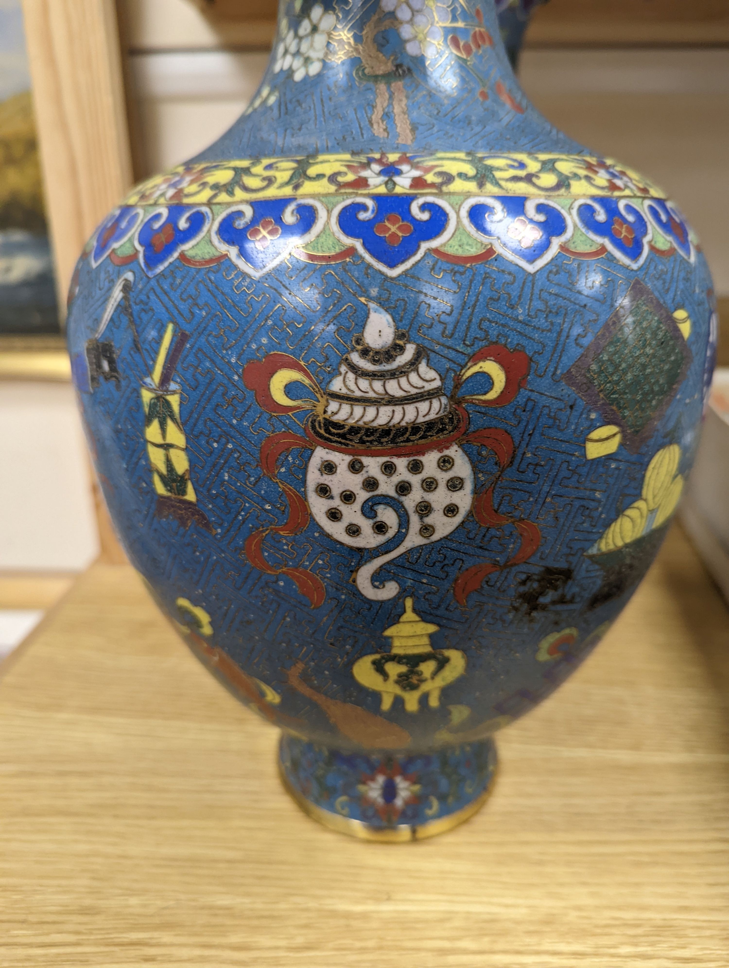 A pair of late 19th/early 20th century Chinese cloisonné enamel ‘Buddhist emblems’ vases 36cm